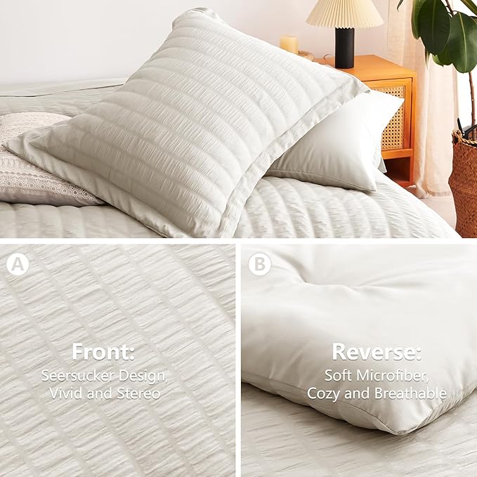 CozyLux Twin XL Comforter Set with Sheets Seersucker Beige 5 Pieces Bed in a Bag, Twin Extra Long Luxury Soft Bedding Sets for College Dorm with Down Alternative Comforter, Sheets, Pillowcase & Sham