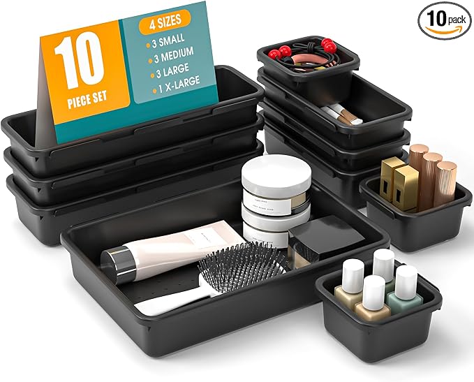 StoreHappily 10 PCS Drawer Organizer Set, 4 Size Makeup Drawer Divider Organizer With Non-Slip Pads, Interlocking Plastic Storage Bins for Office,Jewelry Vanity,Gadgets, Bathroom,Kitchen, Black by StoreHappily