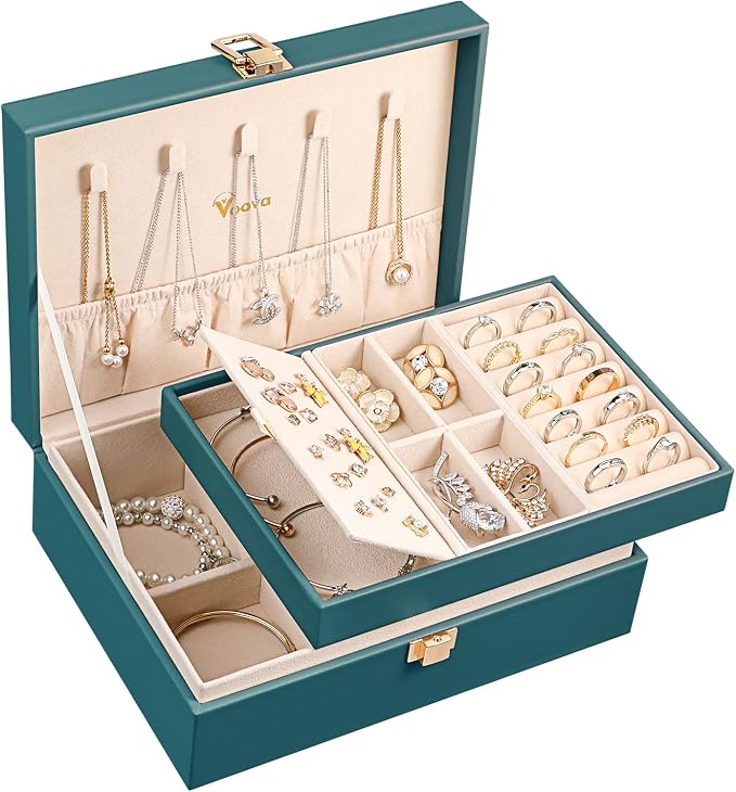 Voova Jewelry Box Organizer for Women Girls, 2 Layer Large Men Jewelry Storage Case, PU Leather Display Jewellery Holder with Removable Tray for Necklace Earrings Rings Bracelets, Indigo by Voova