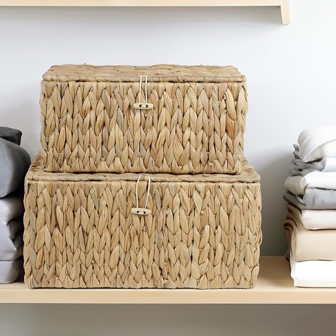 ORDELITE Set of 2 Wicker Basket with Lid, Rectangular Water Hyacinth Storage Baskets for Organizing, Decorative Woven Basket Bins Boxes for Organizing Home - Image 4