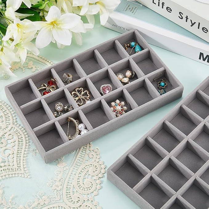 2Pcs 5 x 8.3 Inch 18 Grid Jewelry Tray Drawer Insert Velvet Earring Organizer Display Case Storage with Removable Divider Container Box for Rings Watch Necklace Trinket Holder Showcase Gray - Image 3