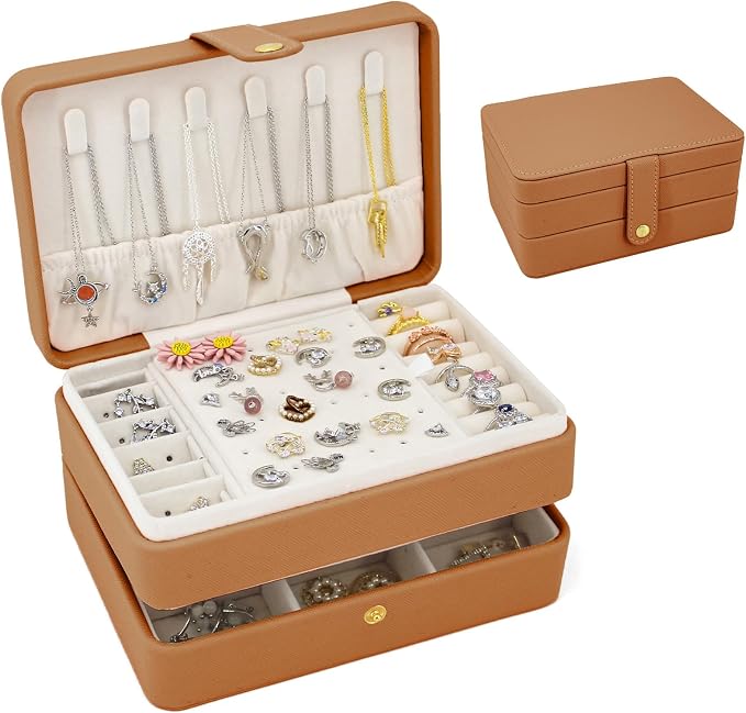 KOOAAICCHI Small Jewelry Box, Travel Jewelry Organizer, Portable Jewelry boxes for Women Girls Gift, Double Layers PU Leather Jewelry Holder for Rings, Earrings, Necklaces-Brown by KOOAAICCHI