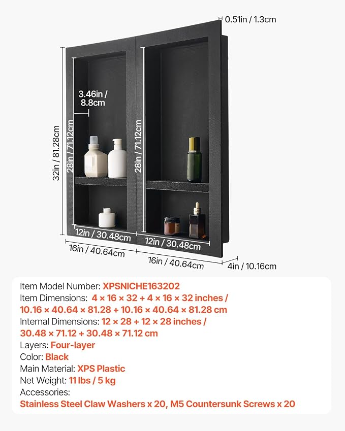 VEVOR Shower Niche, 16 x 32 inch + 16 x 32 inch Recessed Wall Niche with Movable Shelf, 4 inch Thick Modern Soap&Shampoo Storage Organizer,Square Corners,Sealed Waterproof,Black for Bathroom Shower - Image 3