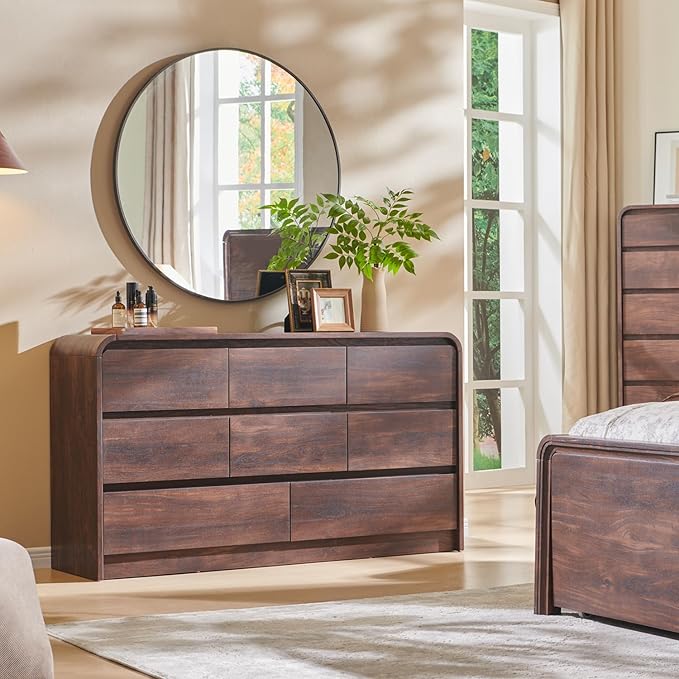 Aitjunz Modern 8 Drawers Dresser for Bedroom, 55" Wide Dressers & Chest of Drawers w/Curved Profile Design, Wood Mid Century Storage Dressers Organizer for Bedroom, Living Room, Brown