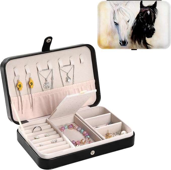 Jewelry Organizer Stocking Stuffers Travel Small Jewelry Box Portable Jewellery Storage Organizer Case for Necklace Earring Ring Bracelet Pendant Travel Gifts for Women Black and White Horse by Unknown