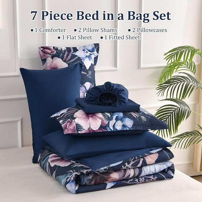 Luxudecor Floral Comforter Set King Size 7 Piece, Navy Flower Bed in a Bag, Elegant Comforter Bedding Set for All Season (Navy, 104"x90")