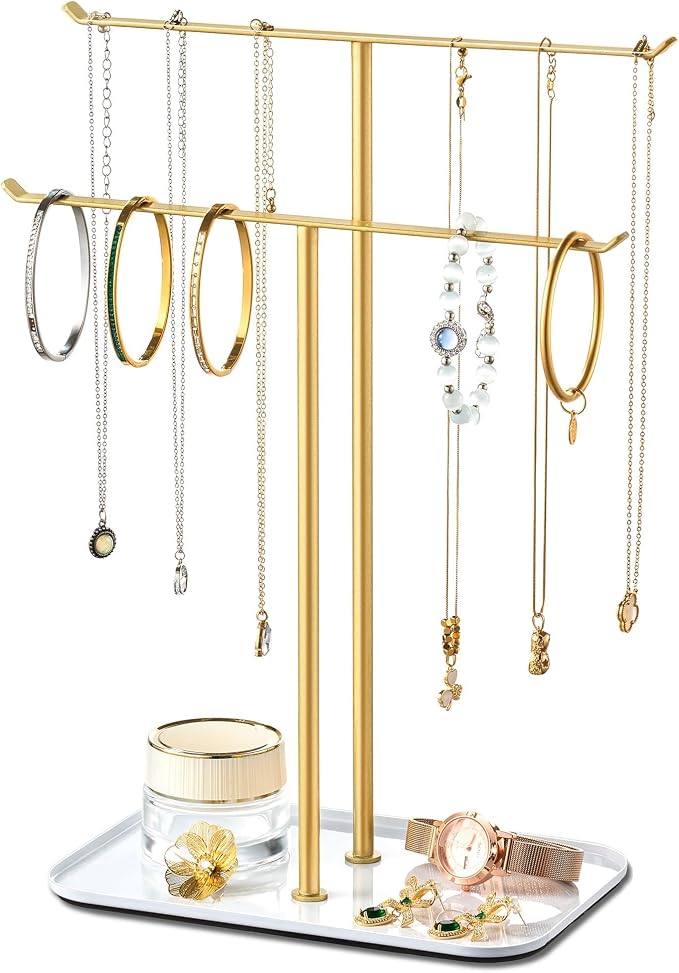 pickpiff Necklace Holder Jewelry Organizer Stand – 2‑Tier T‑Bar Jewelry Display Tree with Tray for Countertop Necklace Bracelet Earring Storage, Vanity Dresser Bathroom Sink, Gold by pickpiff