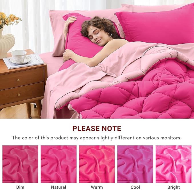 MUXHOMO 5 Pieces Twin XL Comforter Set, Reversible Bed in a Bag Twin XL Size, All Season Bedding Set with Comforter, Flat Sheet, Fitted Sheet, Pillowcases & Shams, Hot Pink & Baby Pink
