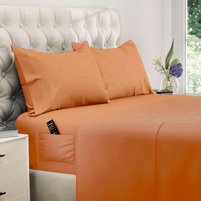 DREAMCARE Queen Sheet Set – 4 pcs Cooling Sheets – up to 21” Deep Pocket Queen Sheets – Hotel Luxury Sheets & Pillowcases – Superior Softness 100% Fine Microfiber with Side Pocket, Terracota