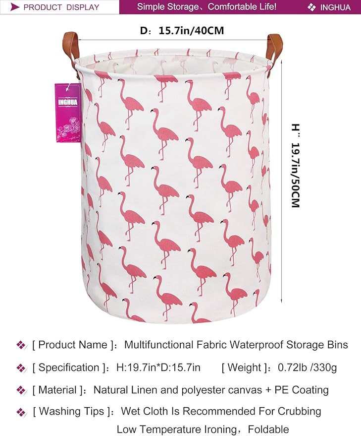 Laundry Hamper Large Canvas Fabric Lightweight Storage Basket/Toy Organizer/Dirty Clothes Collapsible Waterproof for College Dorms, Boys and Girls Bedroom,Bathroom(Flamingos) - Image 2