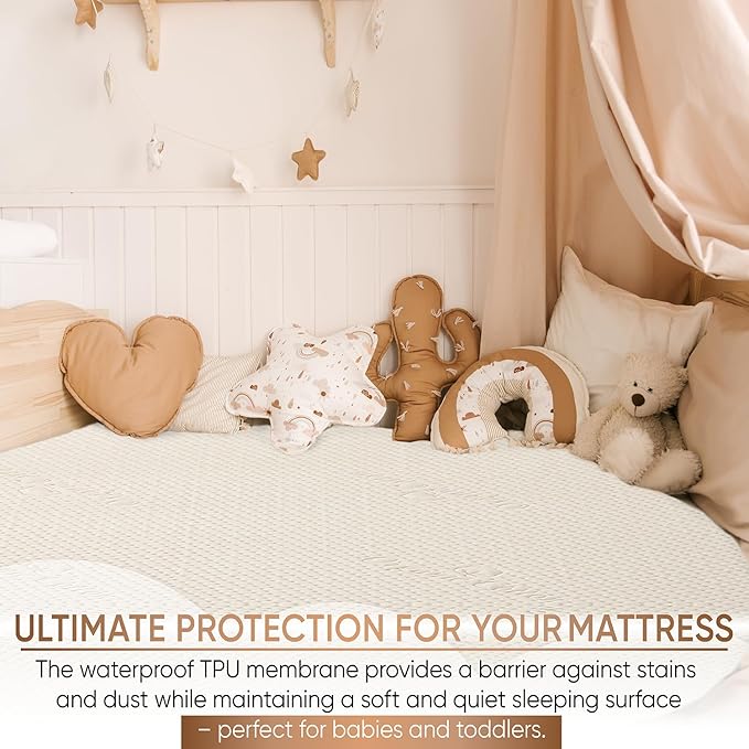 Crib Luxury Quilted Organic Mattress Protector Pad - Certified Organic Cotton, Waterproof Skin-Friendly Breathable Mattress Cover - Premium 380 GSM Comfort - Jersey Cotton Skirt