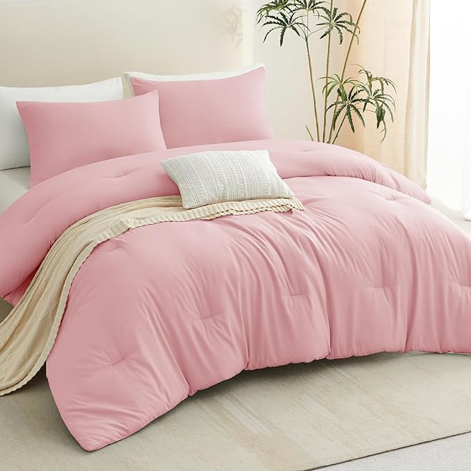 CozyLux Full Size Comforter Set Pink, 3 Pieces Solid Breathable Quilted Bedding Sets, Luxury Lightweight Soft Bed Set with Down Alternative Comforter and 2 Pillowcases for All Seasons