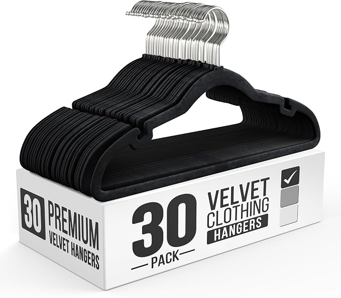 Our Modern Space 30 Pack Velvet Hanger for Shirt Pants Dresses Skirts Suits Jackets - Slim Space Saving Design - Standard Coat Hanger - Sturdy & Durable Design with Shoulder Grooves Hook by OurModernSpace