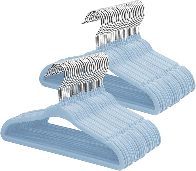 ManGotree 11" Baby Velvet Hangers, Non-Slip Infant Coat Hangers, Ultra-Thin Toddler Felt Hanger with 360° Swivel Hook, Space Saving Children's Hanger for Kids Clothes, 48 Pack (Blue) by ManGotree