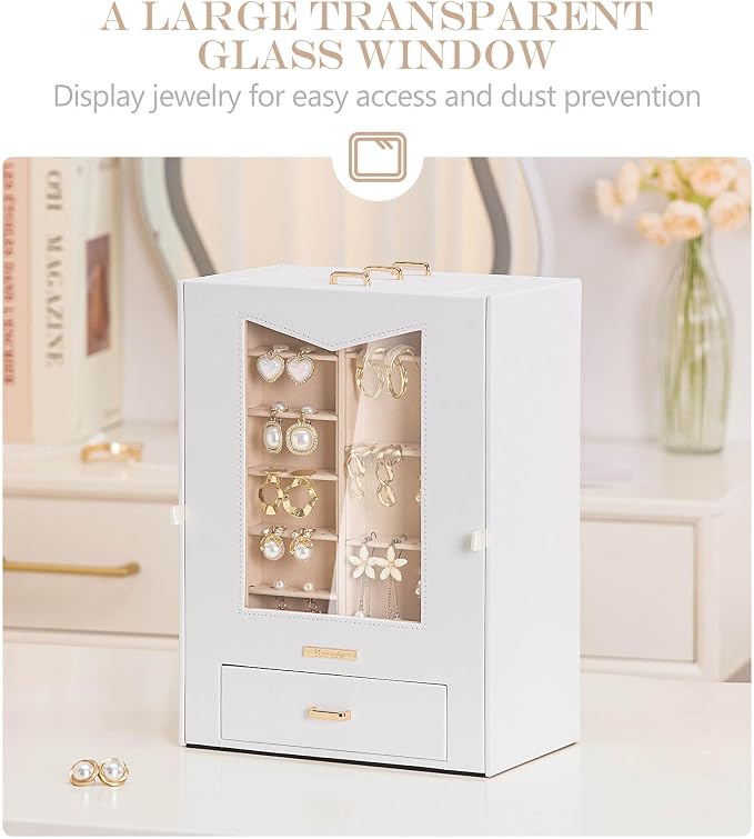 Homde Jewelry Organizer with Transparent Window Necklace Hooks Gift for Women Jewelry Box Display Case for Necklaces Rings Earrings Bracelets and Other Jewelry Accessories (White + Gold) - Image 2