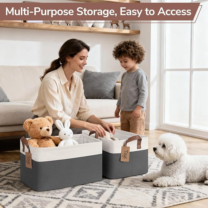 CHICVITA 4 Pack Large Storage Baskets for Shelves, Collapsible Closet Organizer Bins with Handles, Decorative Shelf Baskets for Bedroom Living Room, 16.8" x 11" x 9.8", Gray & White - Image 6