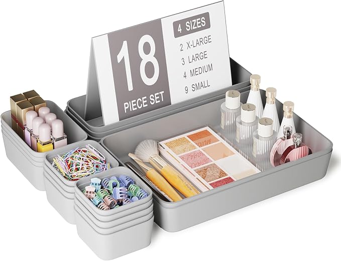 18 pcs Desk Drawer Organizer Tray, Multiple Sizes Plastic Drawer Organizer Storage, Stackable Organizer Containers For Makeup, Bedroom, Kitchen Gadgets Utensils and Office by Homhut