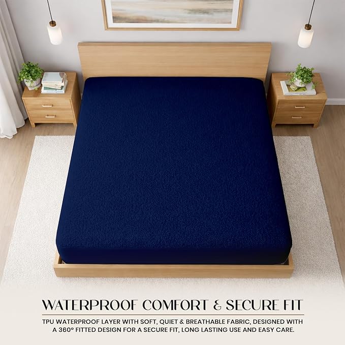 SGI bedding Waterproof 54X80 Full XL Mattress Protector – 15" Deep Pocket, Soft Noiseless & Breathable Fitted Style Bed Cover, Skin- Friendly Protection Against Moisture, Spills & Stains – Navy Blue