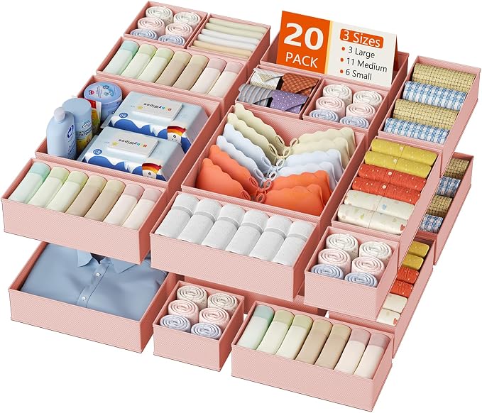 DIMJ Drawer Organizer Clothes, 20 Pack Dresser Organizer, Foldable Closet Organizers and Storage, Fabric Dresser Bins, Drawer Dividers for Nursery, Baby Clothes, Underwears, Sock (Pink) by DiMJ