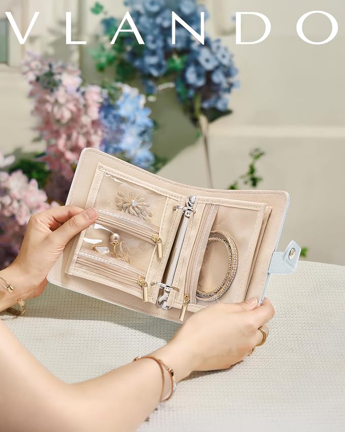 VLANDO Travel Jewelry Case,Portable Jewelry Organizer Box with Clear Zipper Velvet Jewelry Pouch,Gifts for Traveler Women Girls-Baby Blue - Image 5