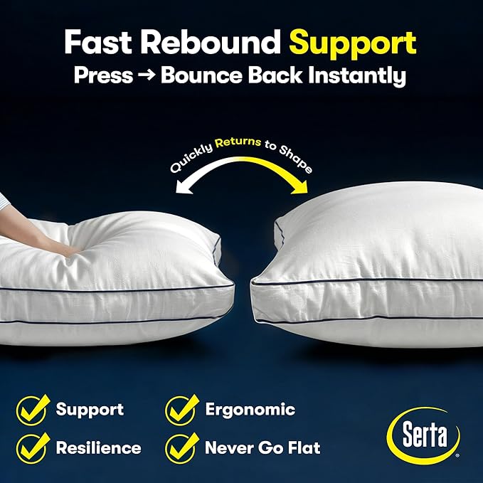 Serta Hotel Collection Bed Pillows Queen/Standard Size Set of 2, 400 Thread Count 100% Cotton Cover, Medium Firm, Support Gusseted Down Alternative Pillow for Back, Stomach or Side Sleepers, 18" x 26"