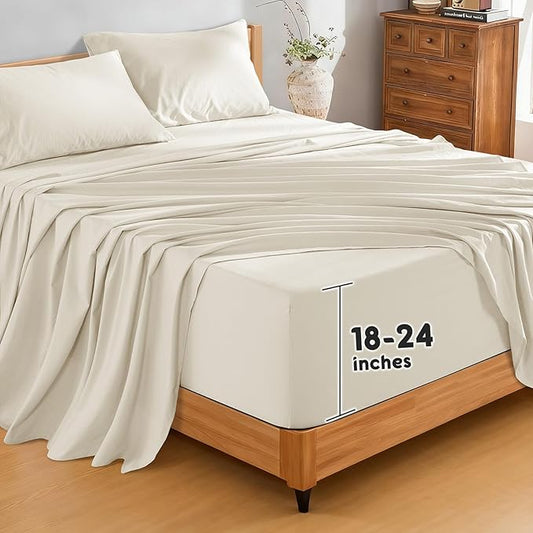 SONORO KATE 100% French Pure Linen Sheets, Extra Deep Pocket up to 18"-24", Breathable and Durable Linen Sheets, Anti-Tear Linen Bed Sheets, Machine Washable - 4 Piece (Cream, King(24" deep))