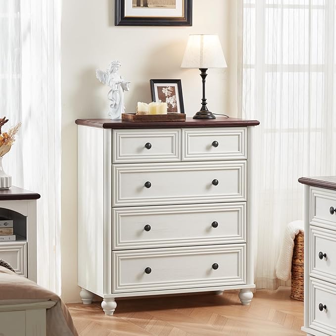 RWYHG Farmhouse 5 Drawer Dresser for Bedroom, 35.5" Tall Small Dressers & Chest of Drawers, Rustic Wood Dresser with Roman Column, Storage Organizer for Living Room, Hallway, Closet (White)