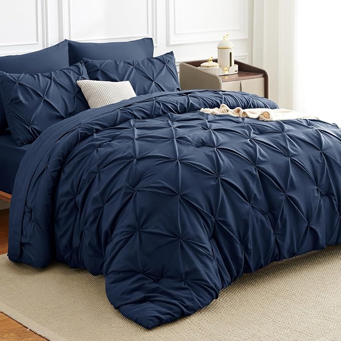 CozyLux Queen Comforter Set Navy Blue, 7 Pieces Pintuck Bed in A Bag, Premium Blue Comforter Queen Size, Pinch Pleat Bedding Sets with Comforter, Sheets, Pillowcases & Shams