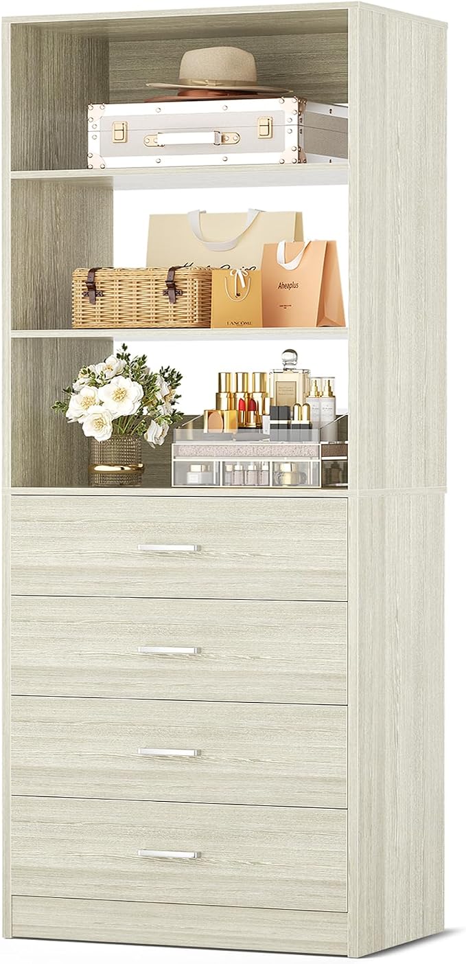 Aheaplus Wood Closet Organizer System with 4 Drawers, Modular Walk-in Closet Storage Unit, Small Closets Wardrobe Rack, Tall Storage Cabinet Unit, White Oak by Aheaplus