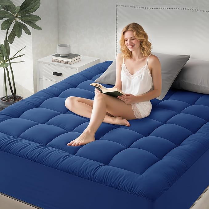 Quilted Mattress Pad Pillow Top Mattress Cover Protector Cooling Soft for Breathable Padded Deep Pocket 8-21 Fitted Supportive(Blue,Full Size)