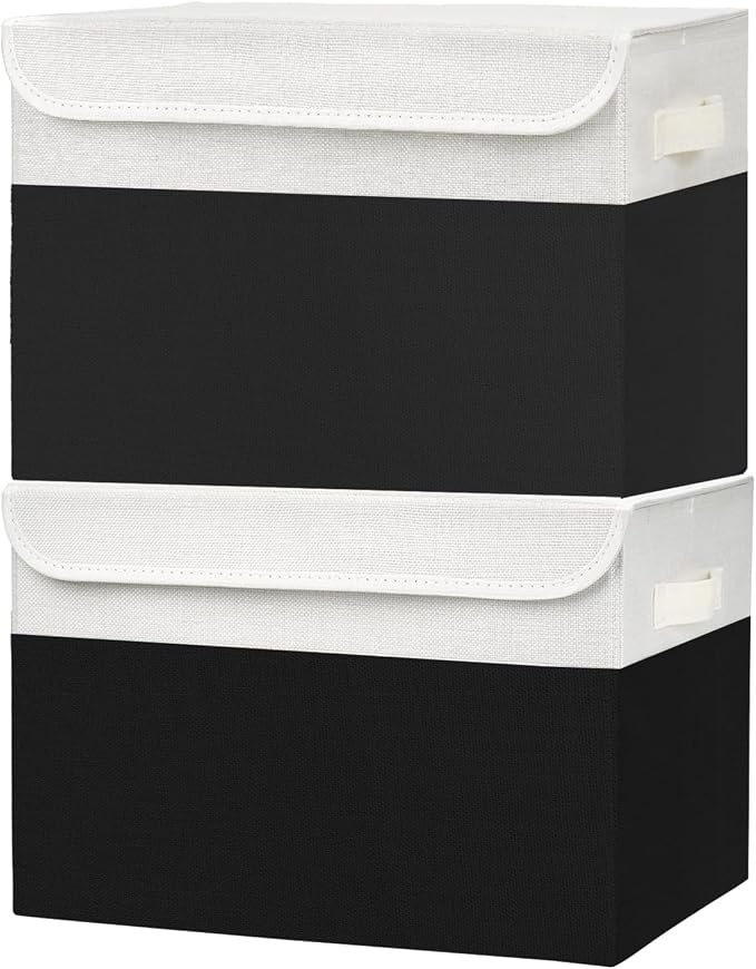 Bagnizer Large 42 Quarts Fabric Storage Bins with Lids [2-Pack] Linen Collapsible Foldable Baskets, Closet Organizer Containers boxes with Handles for Home Office (16.7 x 12 x 12, Black & White) by Bagnizer