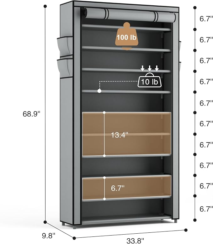 ROJASOP Shoe Rack with Covers, Stackable 10 Tier Tall Shoe Shelf Storage 50-55 Pairs Shoes and Boots Large Capacity Vertical Shoe Rack Organizer for Closet Entryway Garage Bedroom, Grey - Image 3