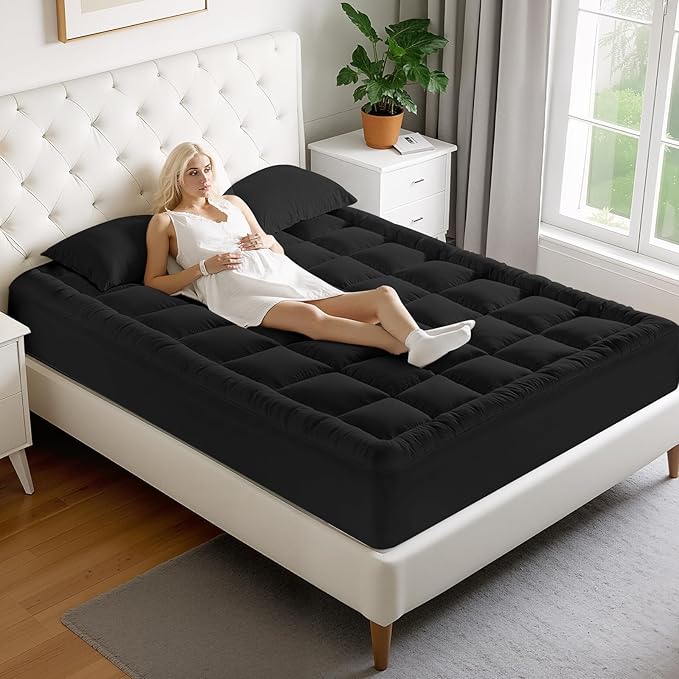 MATBEBY Twin XL Mattress Pad - Cooling Breathable Mattress Topper, Quilted Fitted Mattress Protector, Pillow Top Mattress Cover with 8-21" Deep Pocket, Soft, Machine Washable, Black, Twin Extra Long