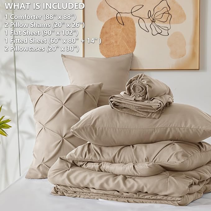 CozyLux Queen Comforter Set Khaki, 7 Pieces Pintuck Bed in A Bag, Premium Khaki Comforter Queen Size, Pinch Pleat Bedding Sets with Comforter, Sheets, Pillowcases & Shams