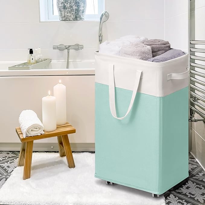 Goodpick Laundry Basket with Wheels, 75L Laundry Hamper with Wheels, Large Laundry Basket with Removable Wash Bag, Clothes Hamper for Laundry, Blue&White - Image 7