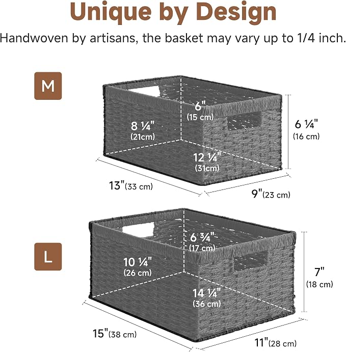 StorageWorks Wicker Storage Baskets for Organizing, Wicker Basket with Handles, Decorative Storage Baskets for Shelves, Black Paper Rope, 2 Pack - Image 2