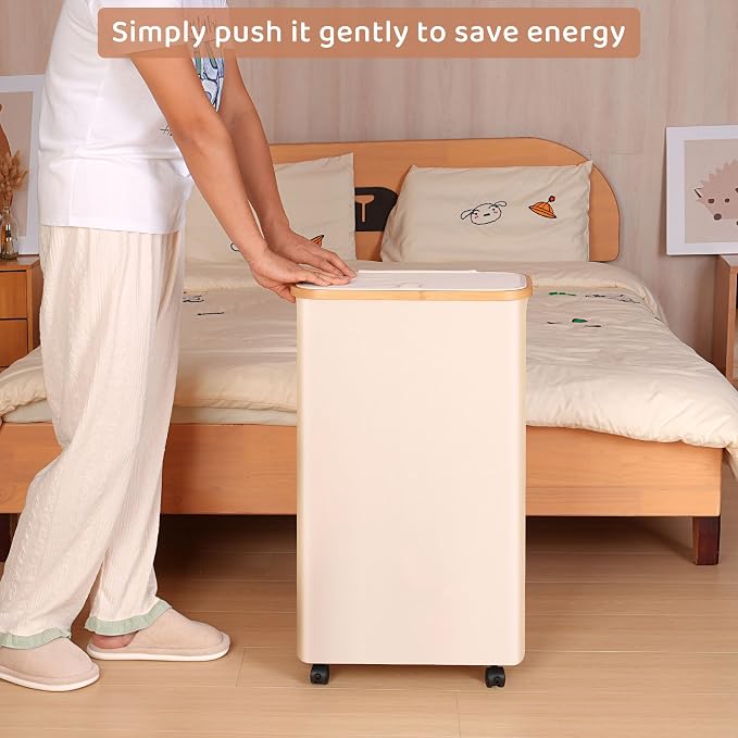 Slim Laundry Basket with Wheels,Narrow Hampers for Laundry,Freestanding Laundry Hamper with Lid&Bamboo Handles,Collapsible & Waterproof Tall Cloth Hamper for Dorm Family(60L Beige) - Image 4