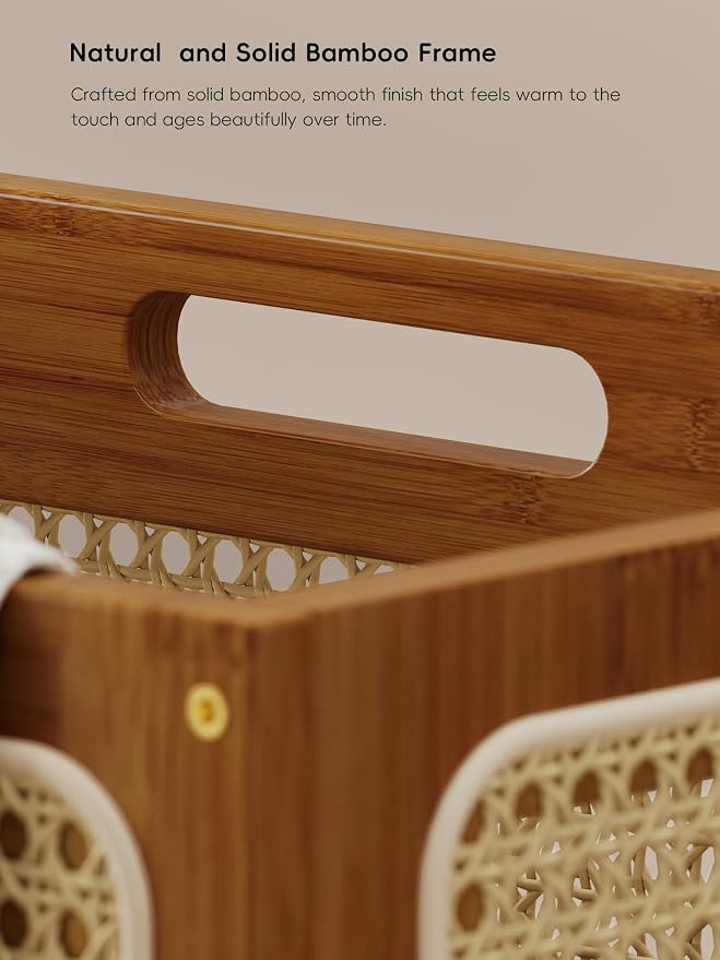 Laundry Hamper with Wheels, Decorative Boho Rattan Laundry Baskets, 90L Large Bamboo Dirty Clothes Basket Organizer, Rolling Wicker Laundry Hampers for Bathroom,Bedroom - Image 5