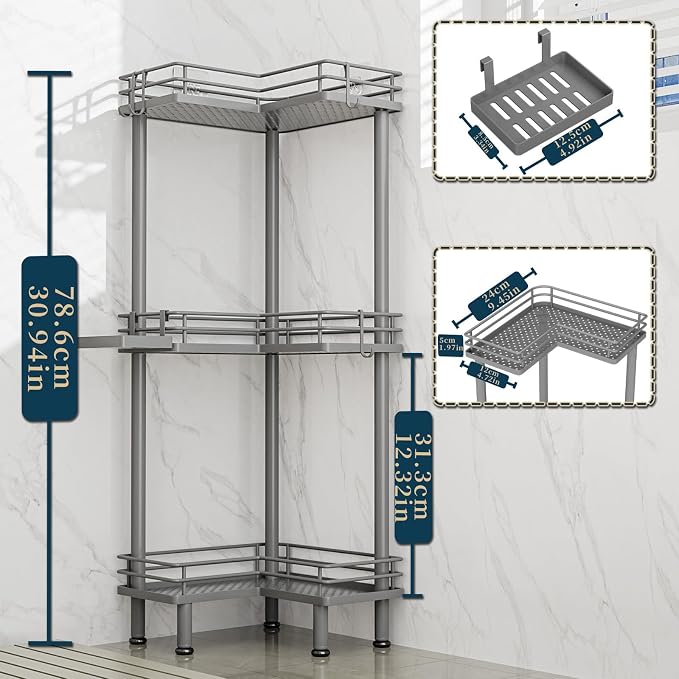 Consumest Corner Shower Caddy Standing - 3-Tier Stainless Steel Shower Organizer with Soap Holder and 4 Hooks, Large Capacity Corner Shelf Stand for Bathroom, Rest Room, Grey - Image 5