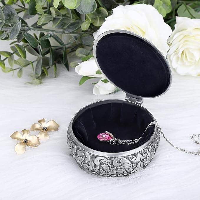 Hipiwe Metal Jewelry Box Vintage Ring Holder Trinket Organizer Small Round Earring Necklace Storage Box Jewelry Display Box Keepsake Box Decorative Jewelry Box Gift for Women - Image 6