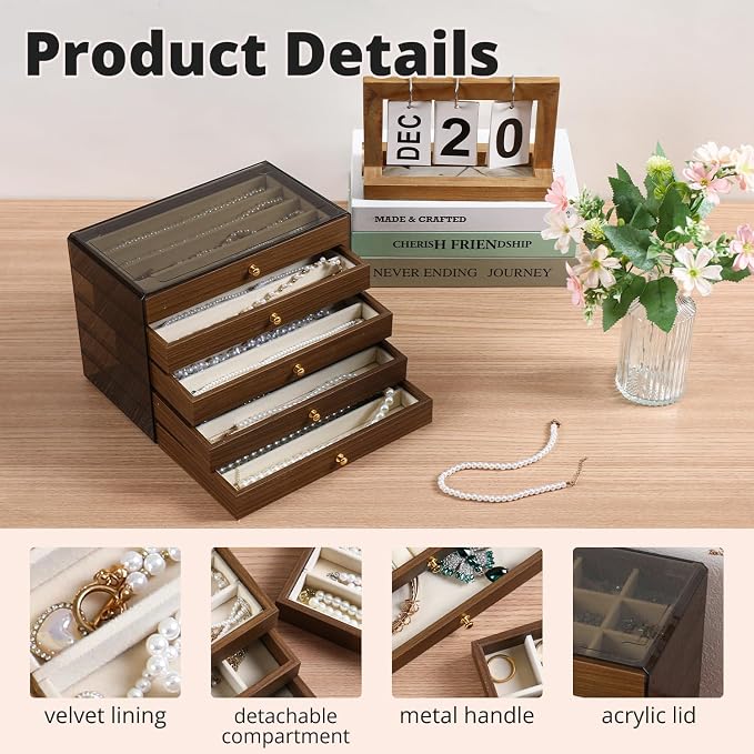 CLUQMEIK 5 Layer Necklace Jewelry Box, Vintage Wooden Jewelry Box with Acrylic Cover Stackable Necklace Storage Organizer for Women and Girls to Storing Necklaces - Image 5