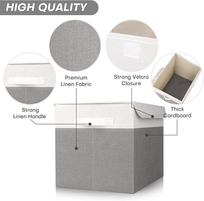 Bagnizer Large 22 Quart Linen Fabric Foldable Storage Bin Cube Organizer Basket with Flip-Top Lid & Handles, Clothes Blanket Box for Home, Office, Closet, Gray & White, 4 Pack 14.6 x 9.5 x 9.5” - Image 5