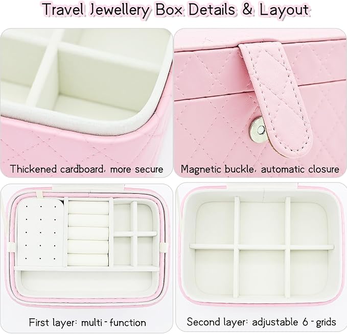 Jewelry Travel Case, 2-Layer Jewelry Box Organizer Medium Jewelry Travel Box, Portable Faux Leather Jewellery Storage Boxes with Argyle for Women, Daily Jewellery Case Home Use (Peach pink) - Image 3