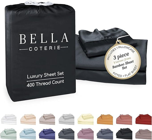 Bella Coterie Luxury Bamboo Viscose Twin Size Sheet Set | 100% Organically Grown | Ultra Soft | Cooling for Hot Sleepers | 18" Deep Pocket [Black]