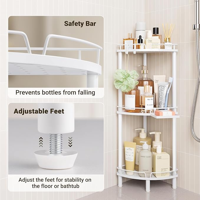 ELYKEN Corner Shower Caddy Standing, 3 Tier Rustproof Metal Shower Organizer with Soap Holder, Floor Shower Corner Shelf Rack Storage Stands with Adjustable Feet & 2 Hooks for Bathroom, White - Image 5