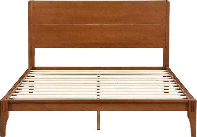 Merax Queen Size Bamboo Platform Bed, Mid-Century Modern Bed Frame with Tall Headboard, Solid Sustainable Bedframe Queen-size, Wood Slat Support, No Box Spring Needed, Easy Assembly, Noise Free, Brown