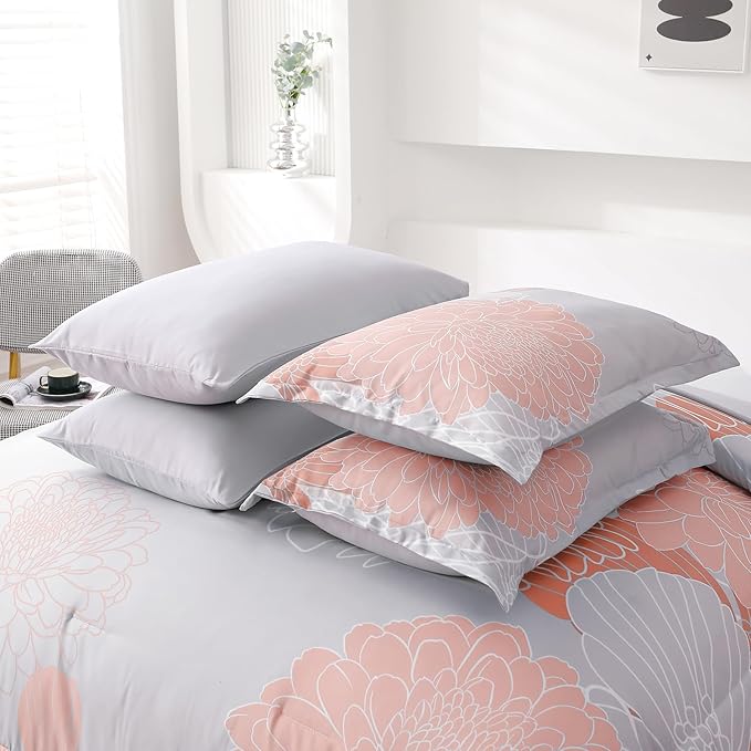 Yiran Blush Grey Floral Bed in a Bag Comforter 7 Pieces Soft Microfiber Comforter Set Bedding Set King Size 104"×90"(1 Comforter,2 Pillowcases,2 Pillow Shams,1 Flat Sheet,1 Fitted Sheet)