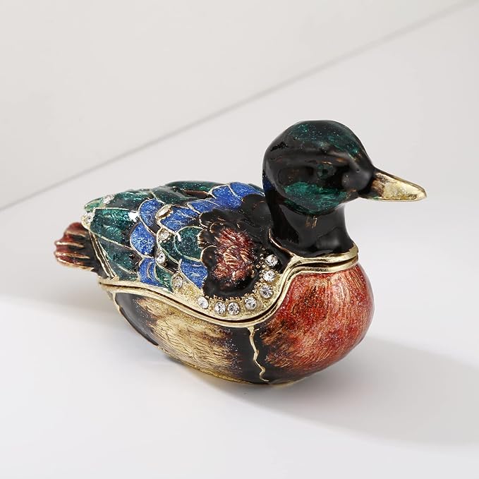 Hand Painted Enamel Duck Trinket Box for Home Decor, Hinged Jewelry Organizer for Ring Earrings, Unique Figurine Keepsake Collectible Personalized Elegant Handmade Ornament Gifts (Green Duck) - Image 4
