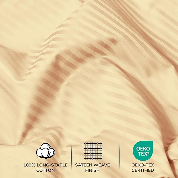 Feather & Stitch 500 TC Full Size Damask Bed Sheet Set, 100% Cotton Soft Breathable Bedsheets, 4 Piece 18" Deep Pockets Sateen Weave Striped Bedding Mattress Resort Hotel Luxury - (Semolina Stripe)