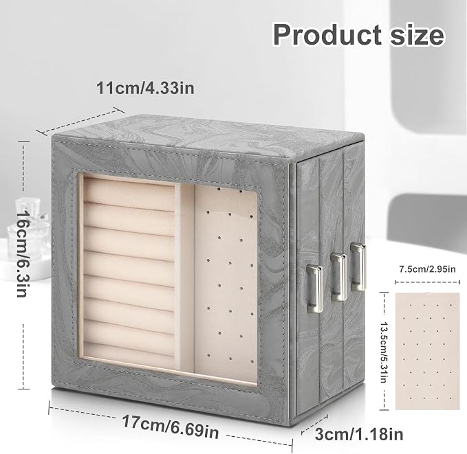 DesignSter Jewelry Box Organizer, Jewelry Box for Women, PU Jewelry Organizer Display Case with Side Drawers, Jewelry Storage for Earring Necklace Ring Bracelet Watch - Image 3